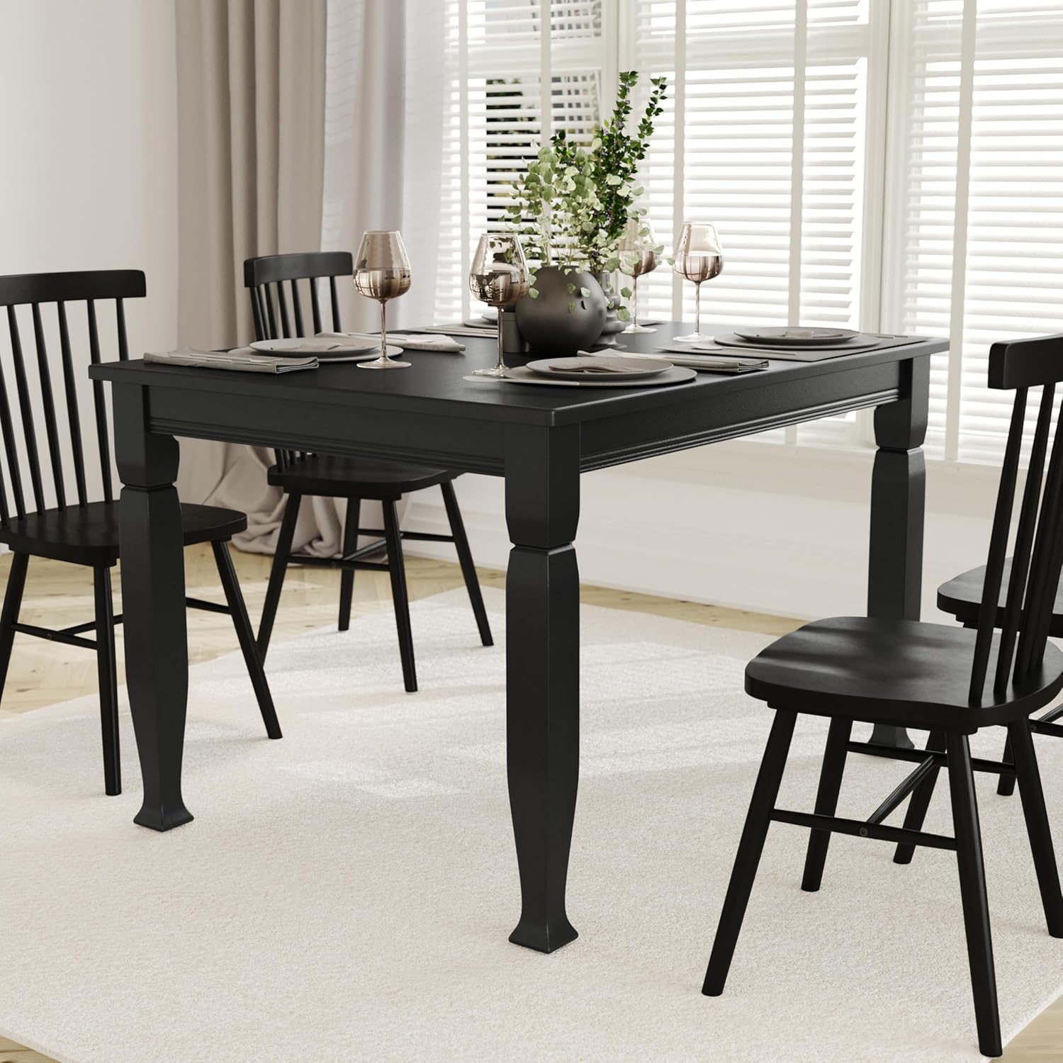 EMMA + OLIVER Milford 47" Solid Wood Dining Table, 3 Inch Offset Paneled Apron, 3" Turned Decorative Legs, Water Resistant Finish, Seating for 4, Black Matte