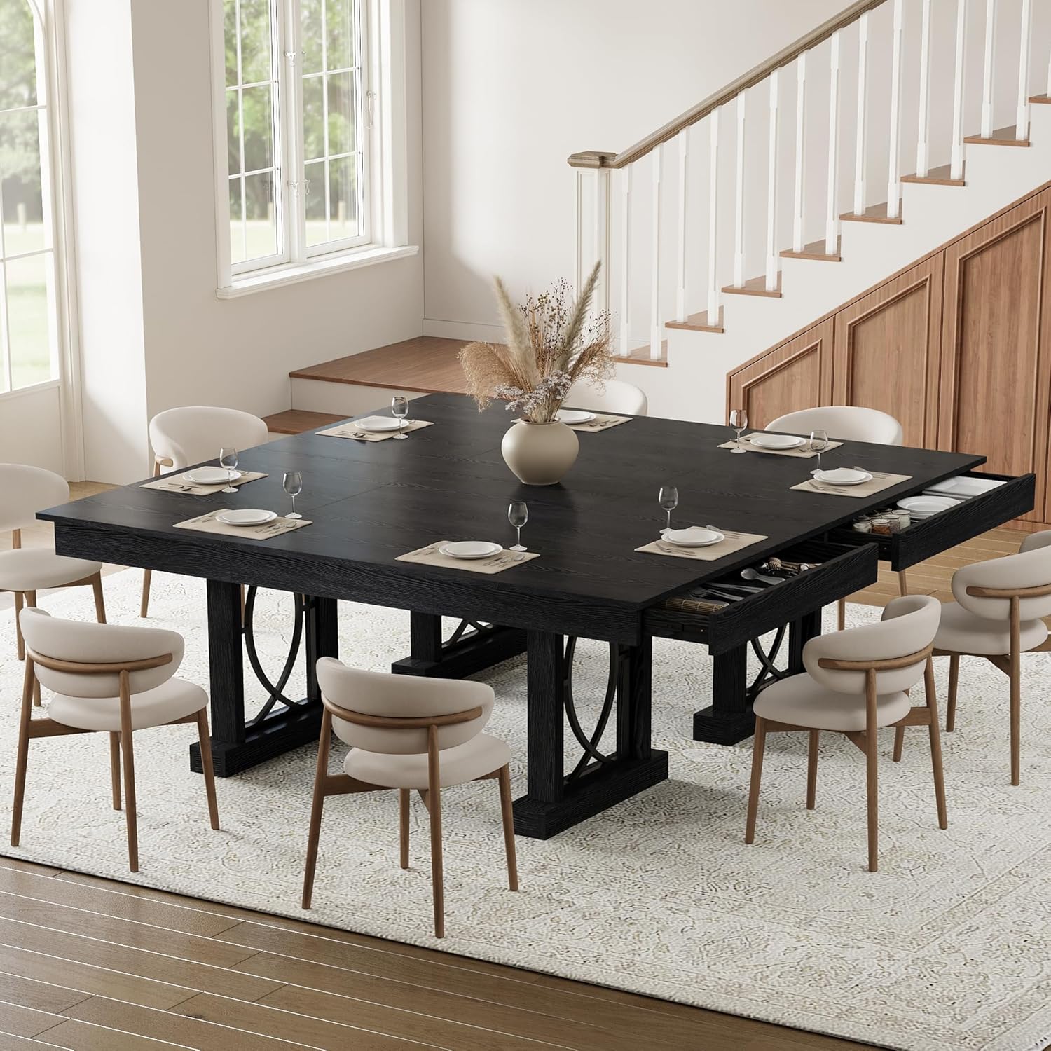 Garvee 71-Inch Dining Table for 6-8 with 2 Drawers, Large Wooden Kitchen Table w/Large Tabletop & Sturdy Frame, Rectangular Dining Table with Double Pedestal, for Kitchen, Office