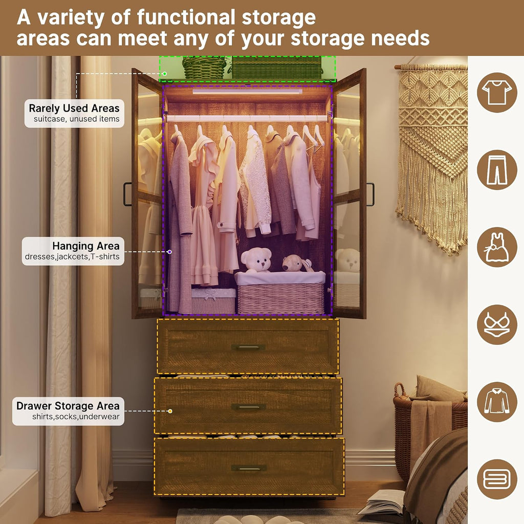 75" Tall Farmhouse 2 Doors Armoire Wardrobe Closet with 3 Drawers and LED,Freestanding Closet Wardrobe Cabinet for Bedroom with Hanging Rod,Wooden Armoire Storage Cabinet with Adjustable shelve(Brown)