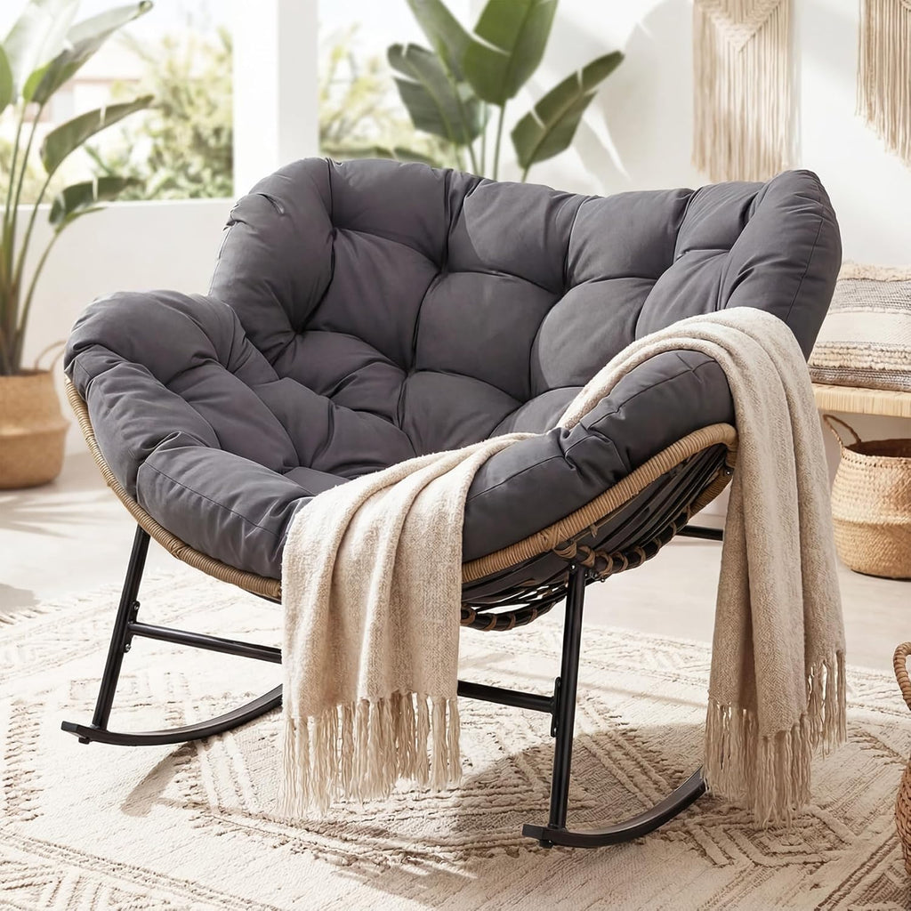 NICESOUL Outdoor Papasan Rocking Chair with Cushion, All-Weather Patio Egg Rocker, Oversized Rattan Glider for Reading & Relaxing, Large Comfy Recliner Lounge Chairs for Balcony Garden Backyard, Grey