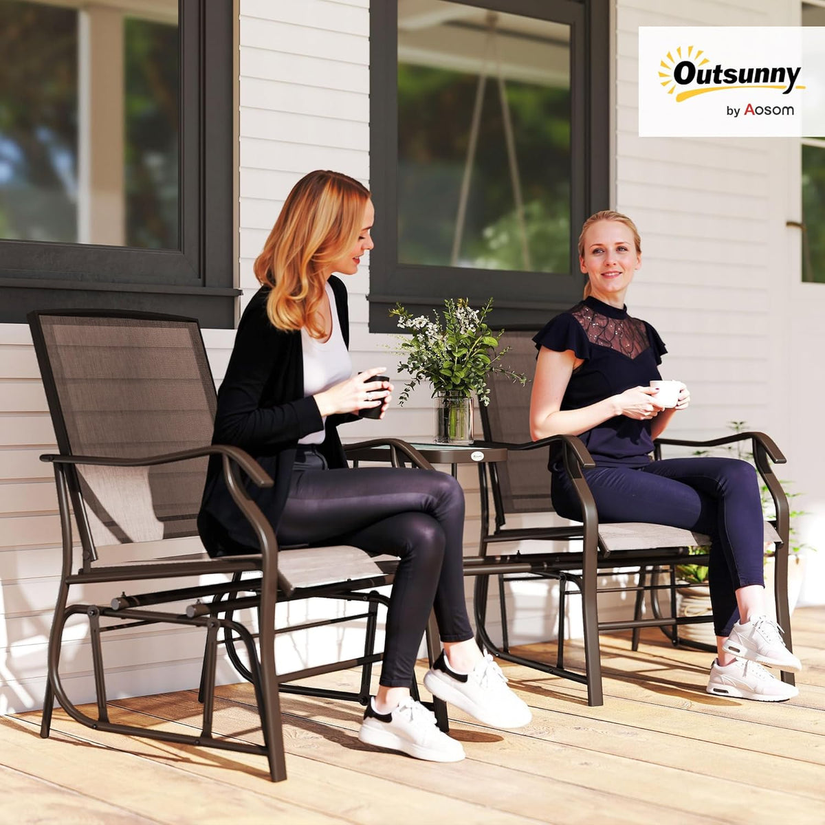 Outsunny Outdoor Glider Chair with Table 2-Seat Patio Loveseat Coffee Brown | Rocking Chair Swing Love Seat, Breathable Sling, Backyard Garden Porch