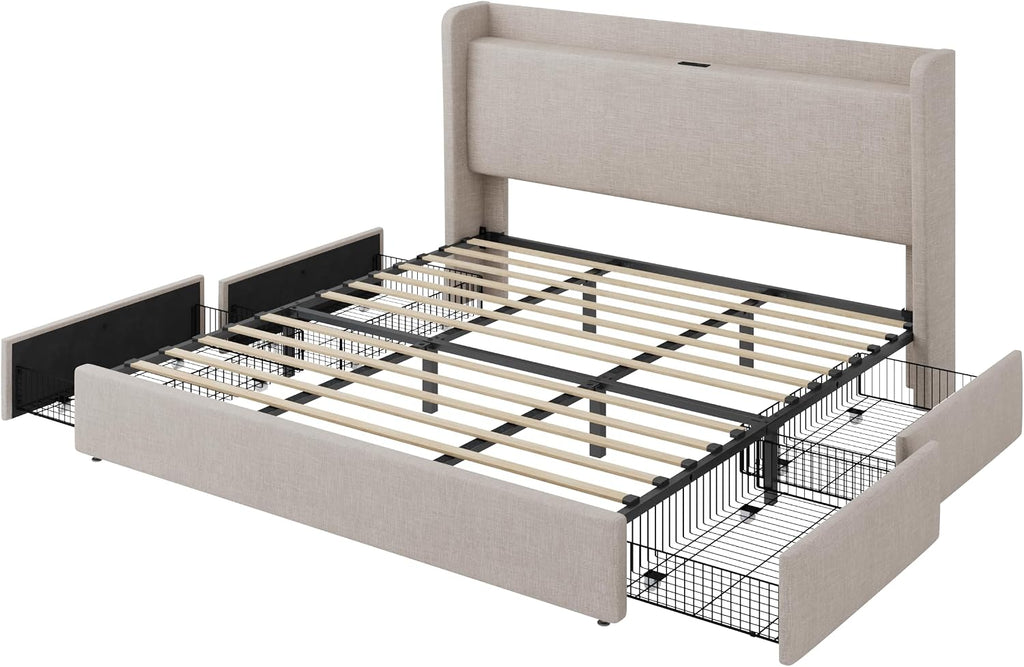 SHA CERLIN King Size Storage Bed Frame with 4 Oversized Drawers, Modern Wingback Headboard with Storage Shelf & Charging Station, No Box Spring Needed, Easy Assembly, Beige