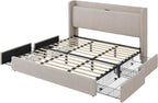 SHA CERLIN King Size Storage Bed Frame with 4 Oversized Drawers, Modern Wingback Headboard with Storage Shelf & Charging Station, No Box Spring Needed, Easy Assembly, Beige