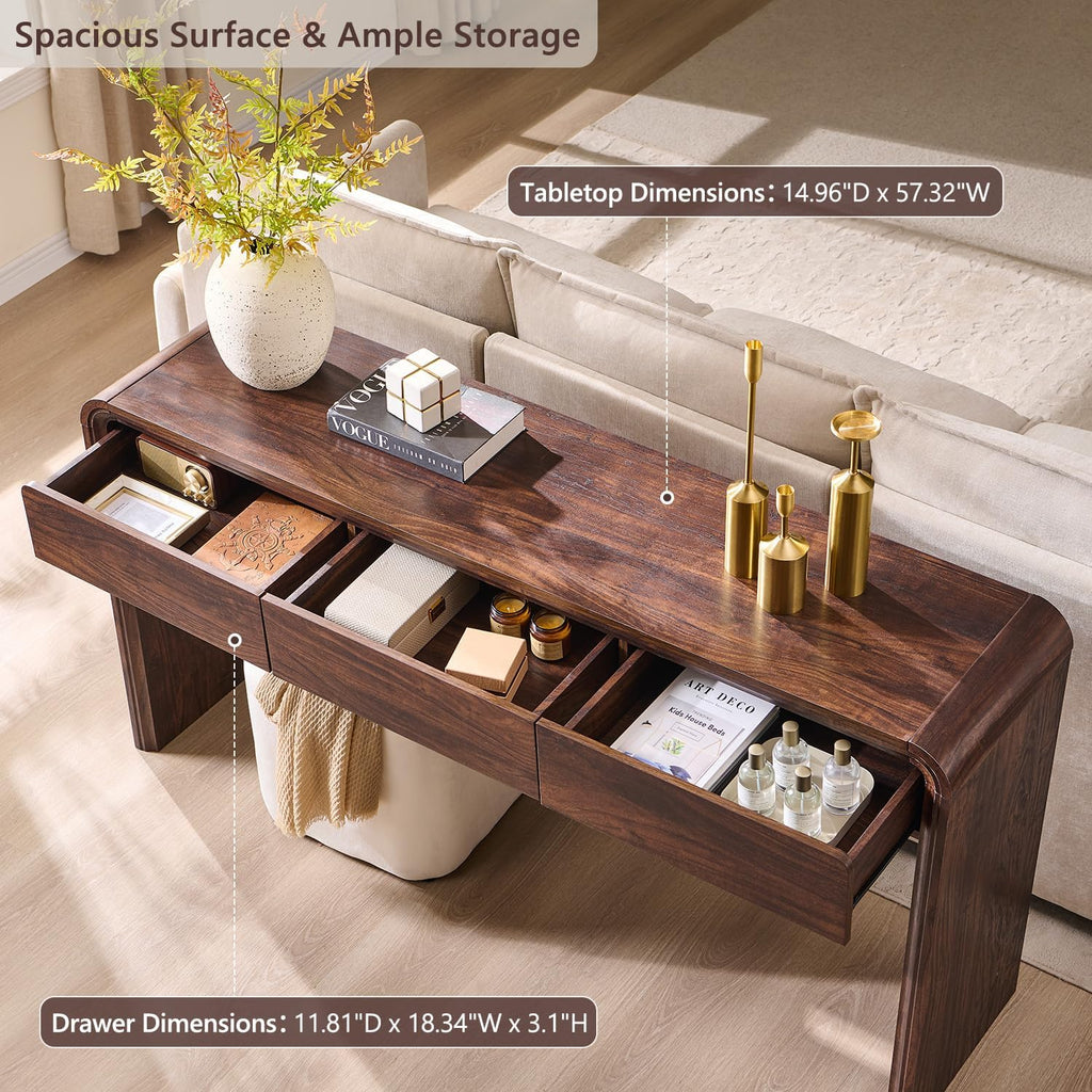 63" Console Table with 3 Drawers, Wood Entryway Table with Storage, Brown | Modern Behind Couch Table with Curved Profile Design, Narrow Long Sofa Table Behind Couch for Living Room, Hallway, Foyer