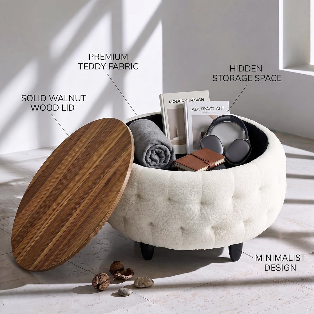 Large Round Storage Ottoman Coffee Table with Wooden Tabletop, 32 Inches Teddy Fleece Tufted Ottoman for Living Room, Bedroom, Apartments (White)