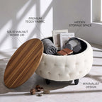 Large Round Storage Ottoman Coffee Table with Wooden Tabletop, 32 Inches Teddy Fleece Tufted Ottoman for Living Room, Bedroom, Apartments (White)