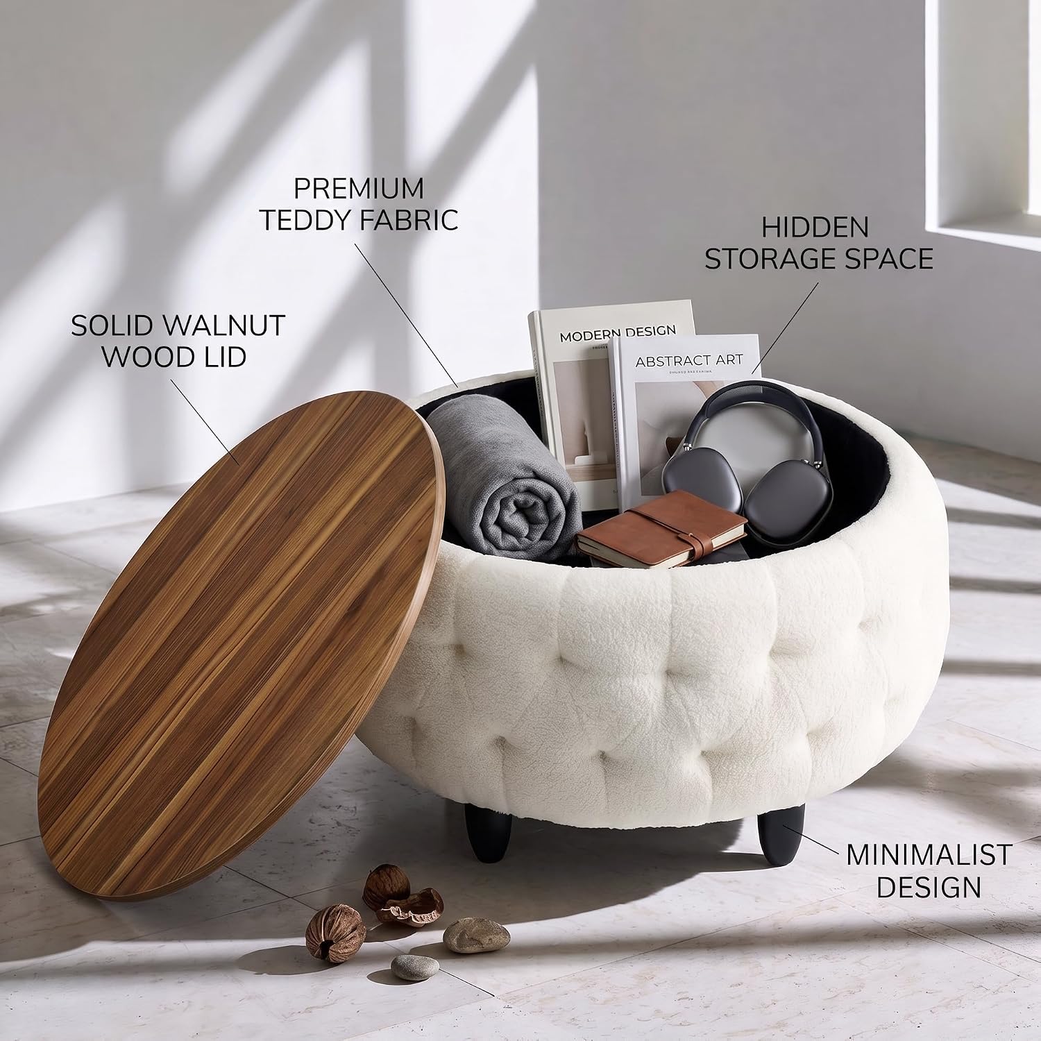 Large Round Storage Ottoman Coffee Table with Wooden Tabletop, 32 Inches Teddy Fleece Tufted Ottoman for Living Room, Bedroom, Apartments (White)
