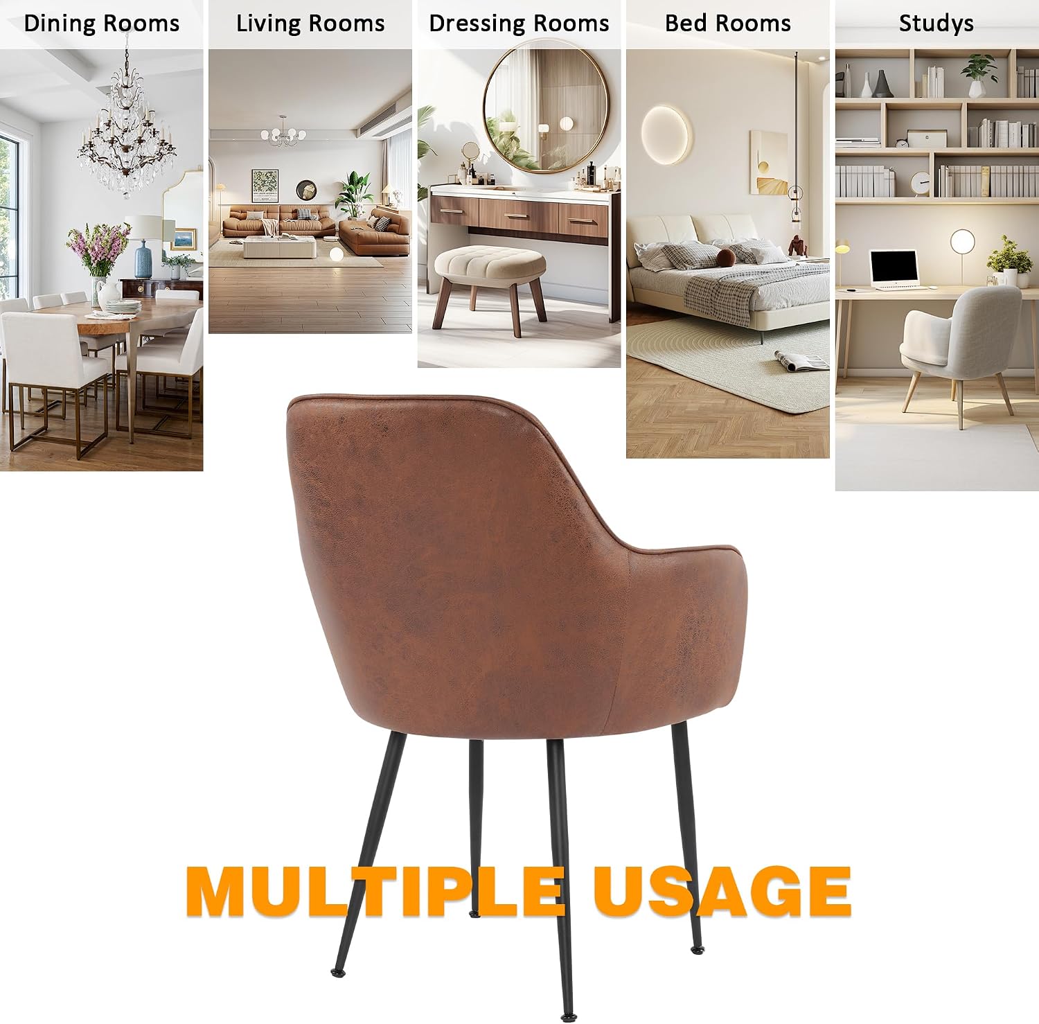 Set of 4 Dinning Chairs, Upholstered Accent Chairs with Black Finished Metal Plating Legs for Living Room Chairs, Brown