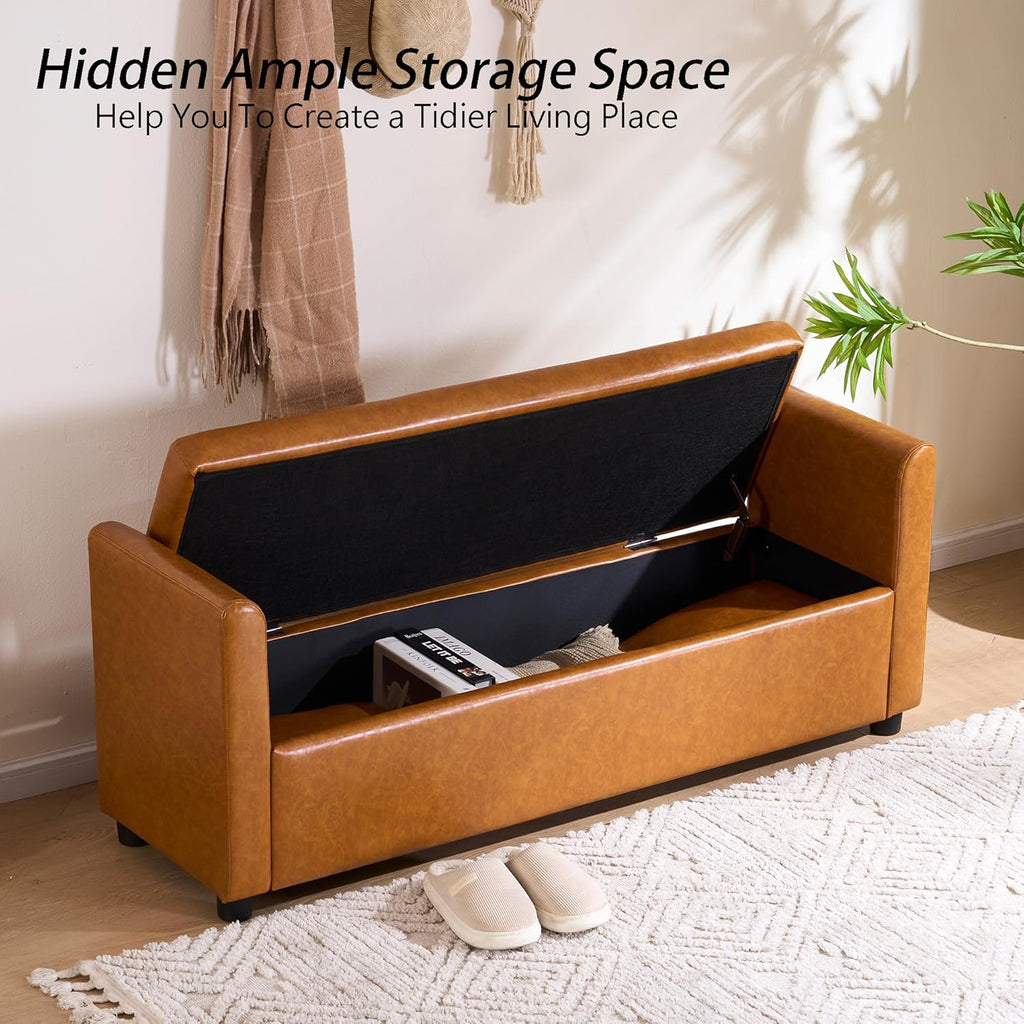 Storage Bench for Bedroom, 55" End of Bed Bench for King Size Bed, Modern Upholstered Long Ottoman Bench with Arms and 2 Pillows for Living Room/Entryway (Faux Leather - Camel)