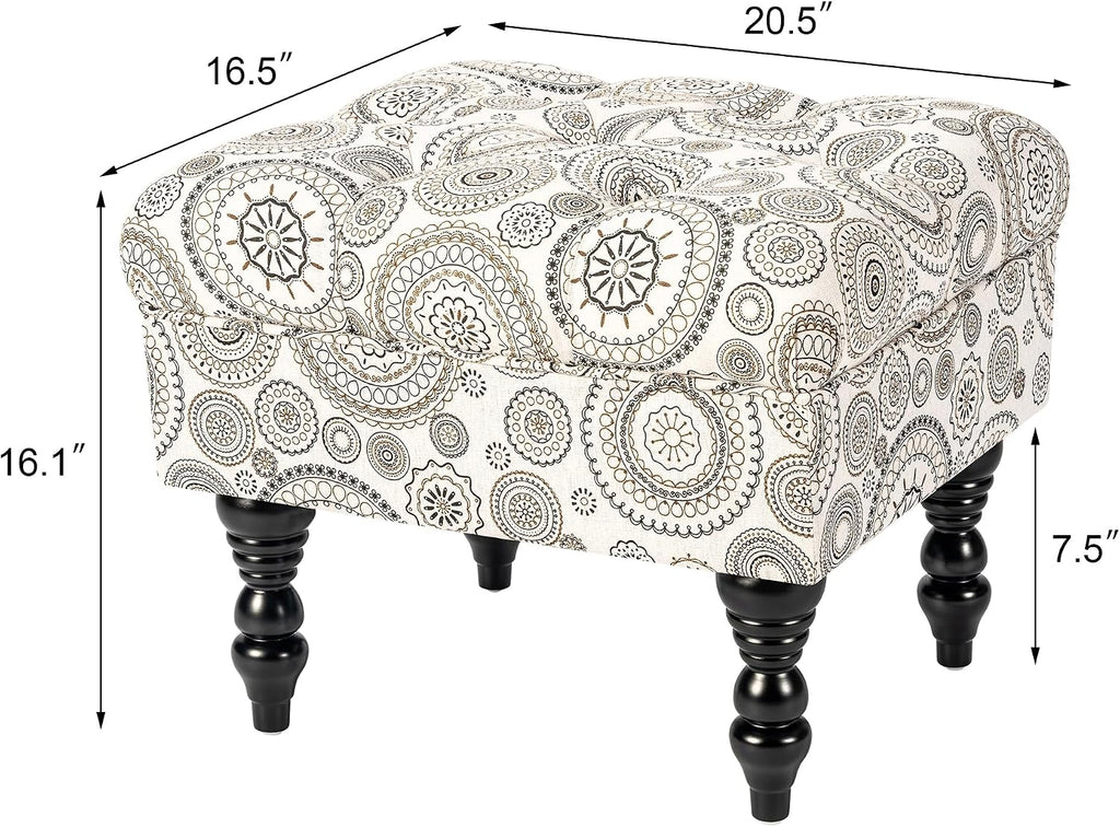 Adeco 20-inch Tufted Ottoman Stool with Wood Legs, Upholstered Foot Rest for Living Room & Bedroom, Mid-Century Boho Accent Stool, Teal Paisley Floral