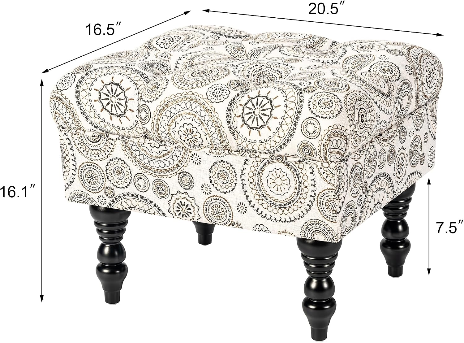 Adeco 20-inch Tufted Ottoman Stool with Wood Legs, Upholstered Foot Rest for Living Room & Bedroom, Mid-Century Boho Accent Stool, Teal Paisley Floral