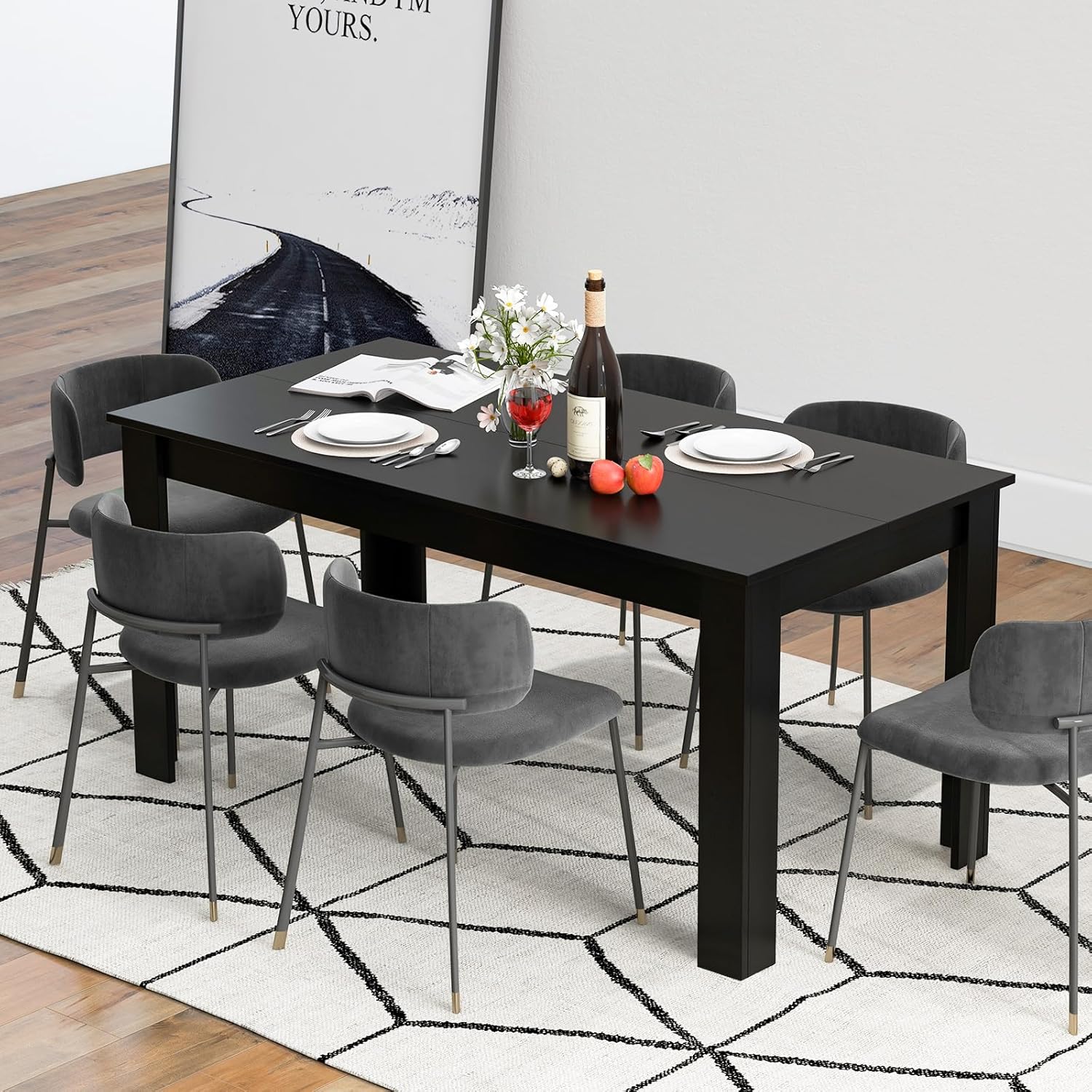 Giantex Dining Table for 6, Rectangular Kitchen Table with 330Lbs Capacity, Stable Structure, 63" L x 31.5" W x 30" H Large Farmhouse Center Tables for Dinner, Dinette, Dining Room, Black