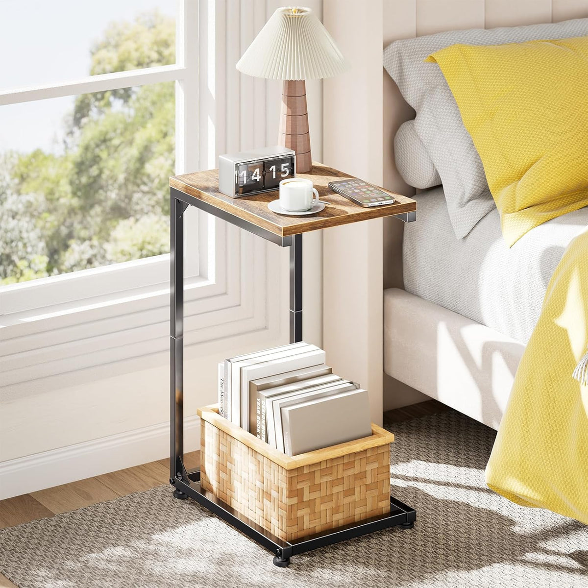 Simple Trending C Shaped End Table, TV Tray for Couch, Small Side Table with Metal Frame, for Living Room Bedroom, Rustic Brown