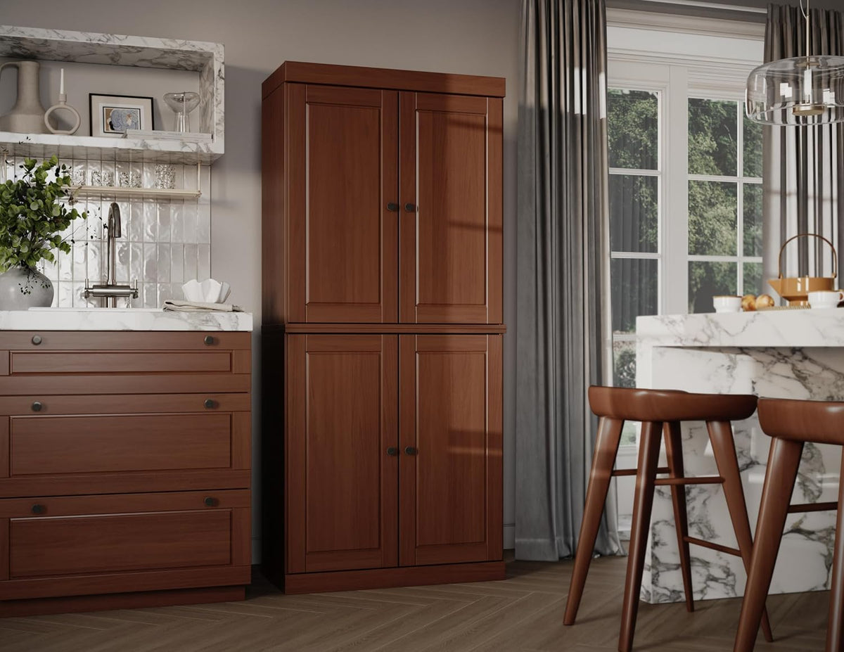 Palace Imports Solid Wood Kitchen Pantry Cabinet - 71.5" Tall x 32" Wide - Wooden Storage Cabinet with 4 Doors & Adjustable Shelves, Mocha, 100% Renewable Eco-Friendly Wood, Made in Brazil