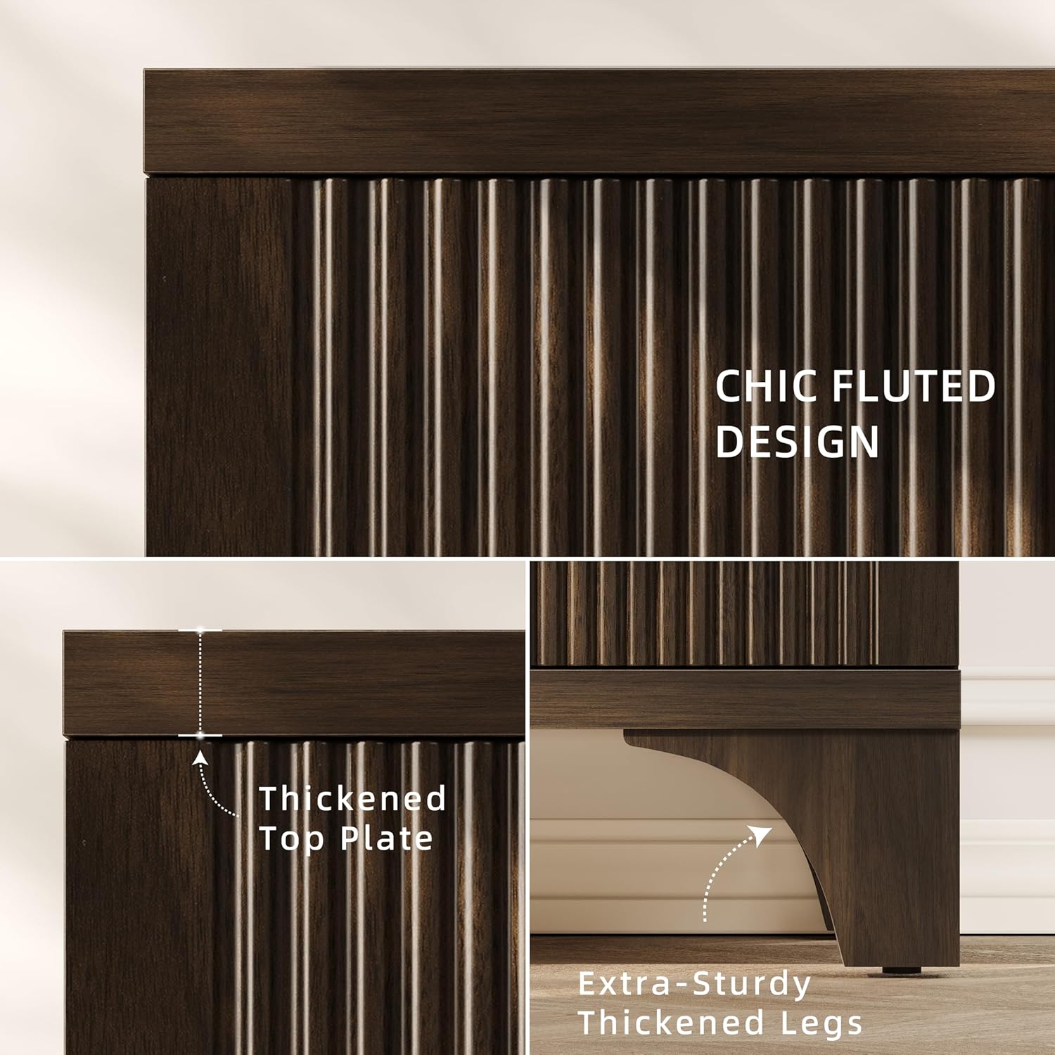 Mid Century Modern Fluted Buffet Cabinet with Storage, Accent Sideboard and Credenza Storage Cabinet with Doors, Wood Coffee Bar Console for Kitchen, Living Room (Dark Brown, 55" 4-Door)