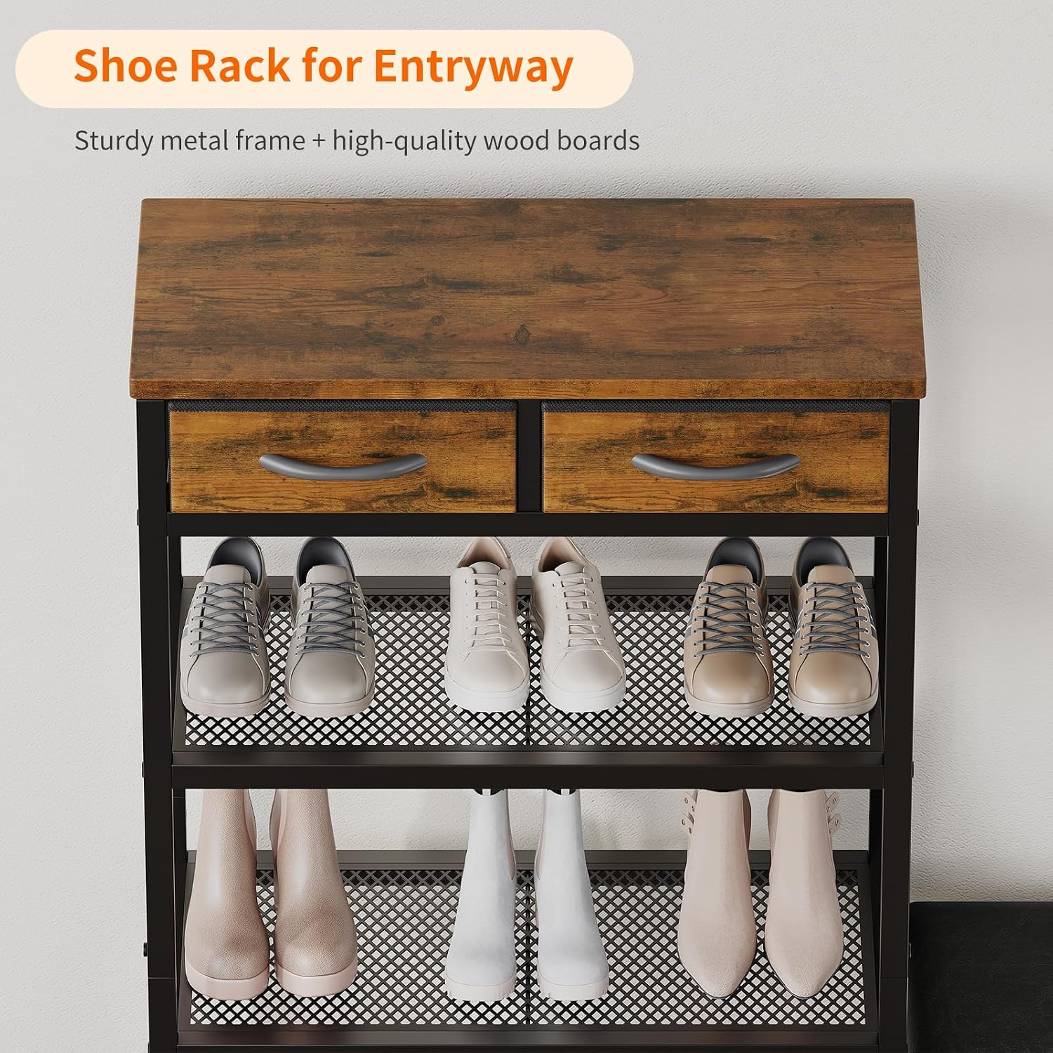 HavenlyYouth Shoe Rack Bench Cushioned with 2 Drawers & 5-Tier Entryway Organizer, Metal Frame Wood Top, Narrow Hallway Bench for Boots, Holds 16-20 Pairs, Space-Saving for Closet & Front Door