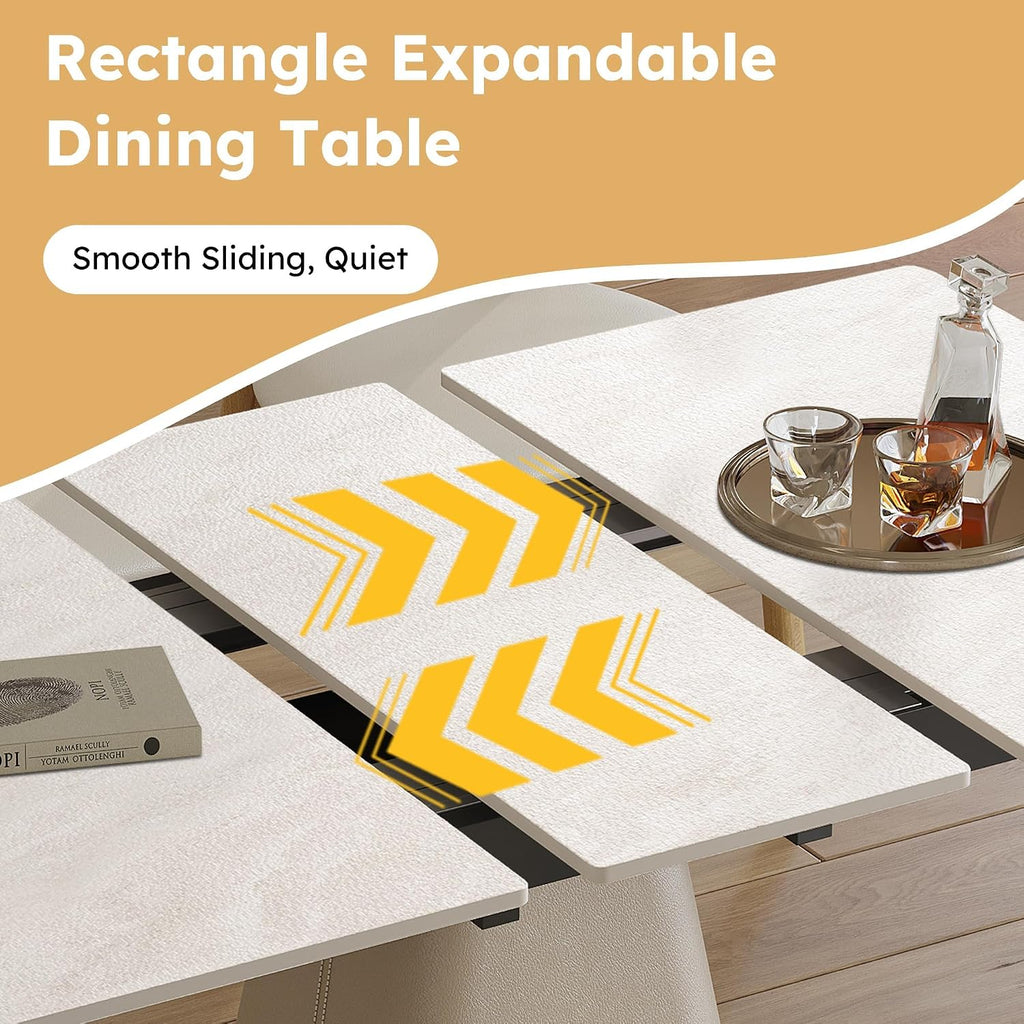 47.2" Retractable Rock Slab Folding Dining Table, Modern Expandable Kitchen Table with Leather-Wrapped Stainless Steel Base, Space Saving Square Dining Table for Small Apartments