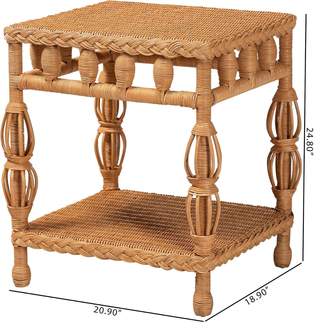 Bali & pari Dolby Natural Rattan End Table - Handwoven Wicker Side Table with Lower Shelf, Coastal Boho Style Accent Table for Living Room or Bedroom