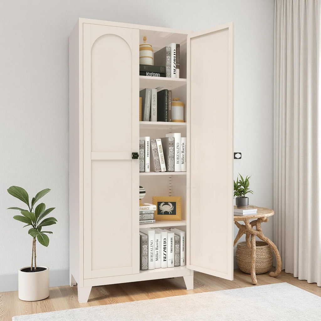 Spaco 71" 2 Shapely Doors Metal Pantry Cabinet,Freestanding Kitchen Storage Cabinet with 4 Adjustable Shelves,Steel Cupboard for Kitchen,Pantry,Dining Room,Living Room. (Cream, 71" H)