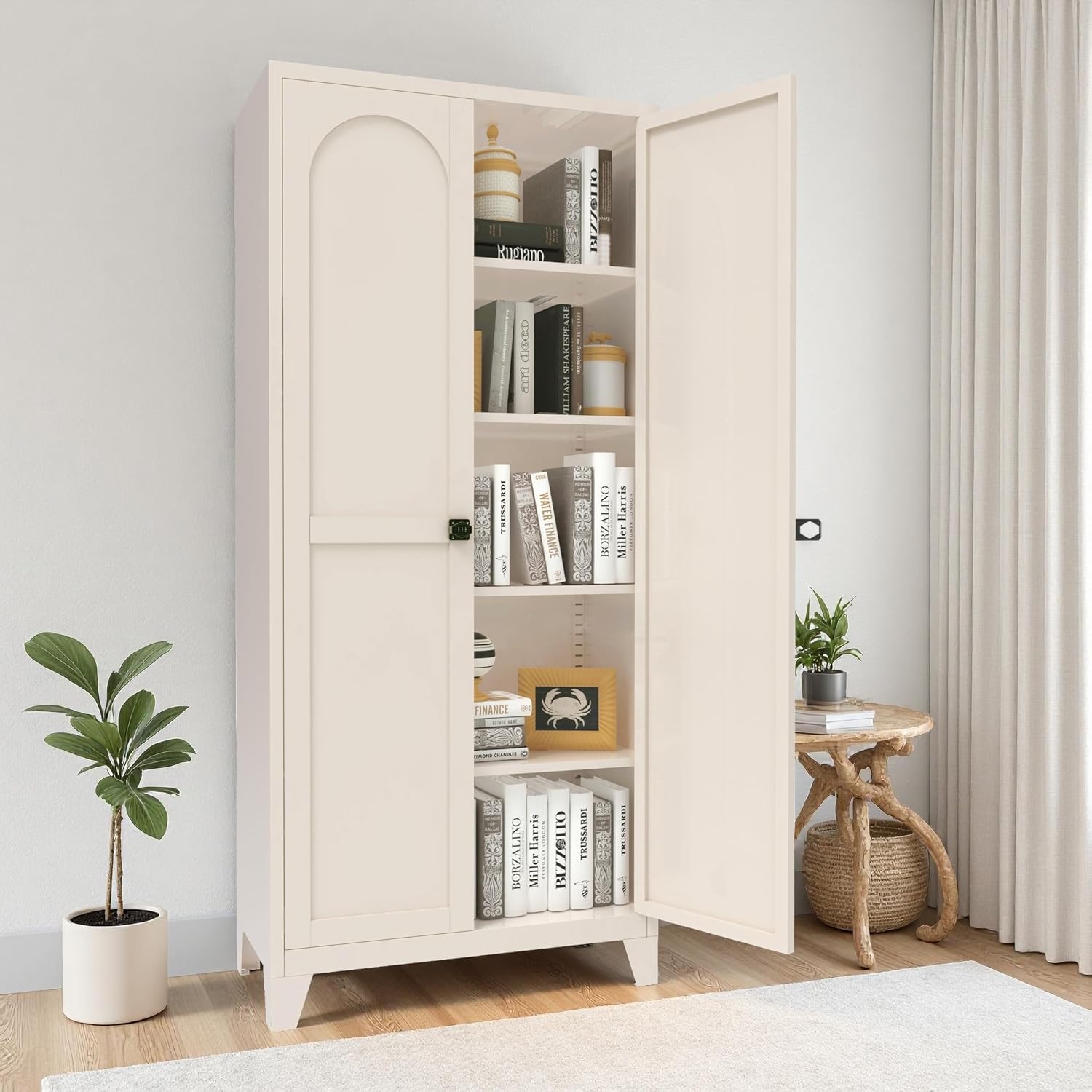 Spaco 71" 2 Shapely Doors Metal Pantry Cabinet,Freestanding Kitchen Storage Cabinet with 4 Adjustable Shelves,Steel Cupboard for Kitchen,Pantry,Dining Room,Living Room. (Cream, 71" H)