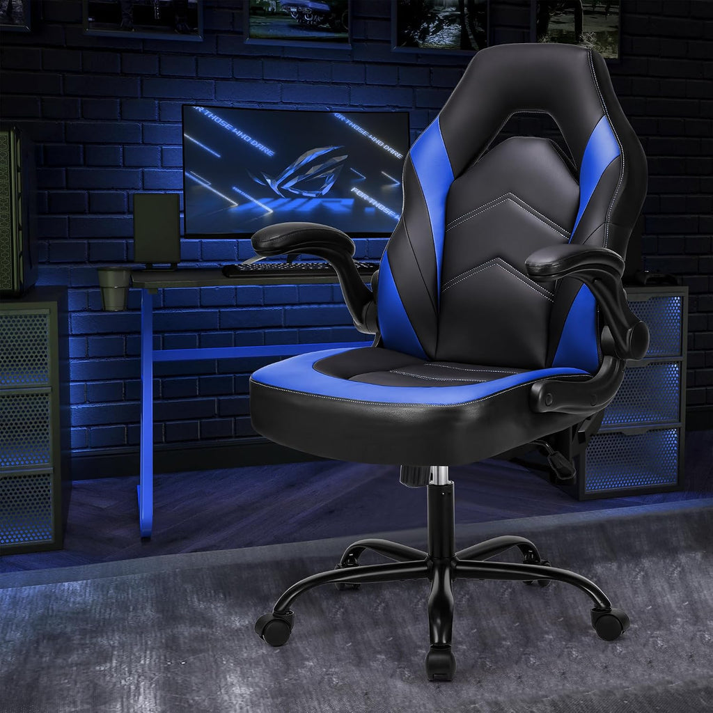 OLIXIS Computer Gaming Chair, Lumbar Support, PU Leather | 360° Swivel Wheels, Height Adjustable, Flip-up Armrest, Ergonomic Home Office Desk, Video Racing, Black and Blue