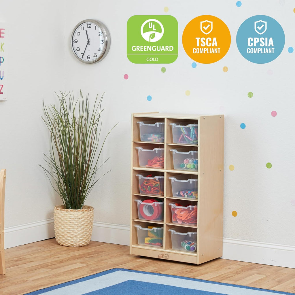 ECR4Kids 10 Cubby Tray Cabinet with Scoop Front Storage Bins, 5x2, Natural, Classroom Furniture, Clear | Durable birch, 10 plastic scoop front storage bins, GREENGUARD Gold Certified, 10 cubbies for organization, classroom or home