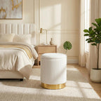 Joveco 14" Round Storage Ottoman for Dorm with Reversible Lid Tray | Beige Corduroy Footrest Stool with Gold Metal Base, Modern Small Ottoman Coffee Table & Side Table for Bedroom Living Room