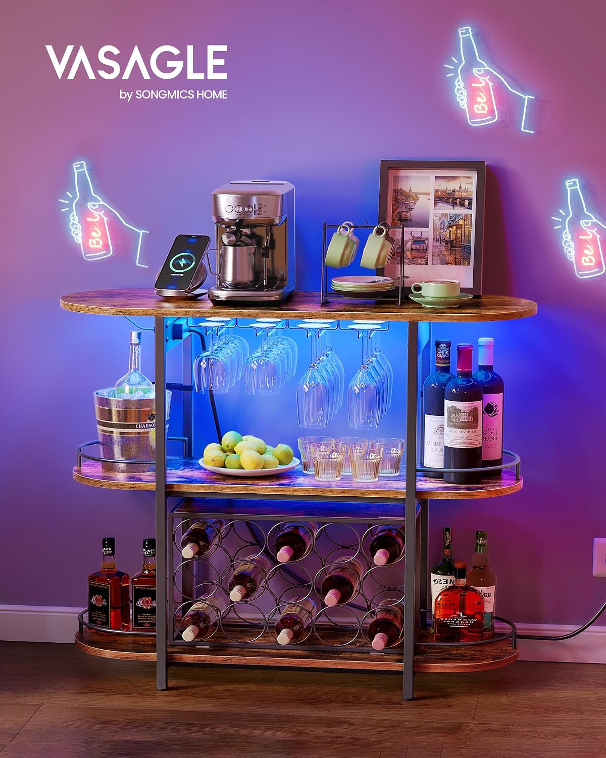 VASAGLE Bar Cabinets for Home, LED Coffee Bar with Power Outlets | Mini Bar for Liquor, Freestanding Wine Rack with Glass Holder, Dining Room, Rustic Brown, ISLAND Collection ULWR007K01S