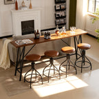 Karl home 83.8" Bar Table and Chairs Set, Sofa Table with 4 PU Stools, High Top Counter Height Table with Chairs for Kitchen Breakfast, Bistro, Dining Room, Living Room, Brown