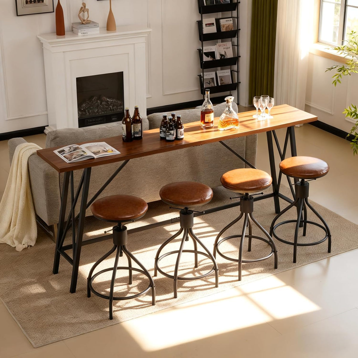 Karl home 83.8" Bar Table and Chairs Set, Sofa Table with 4 PU Stools, High Top Counter Height Table with Chairs for Kitchen Breakfast, Bistro, Dining Room, Living Room, Brown