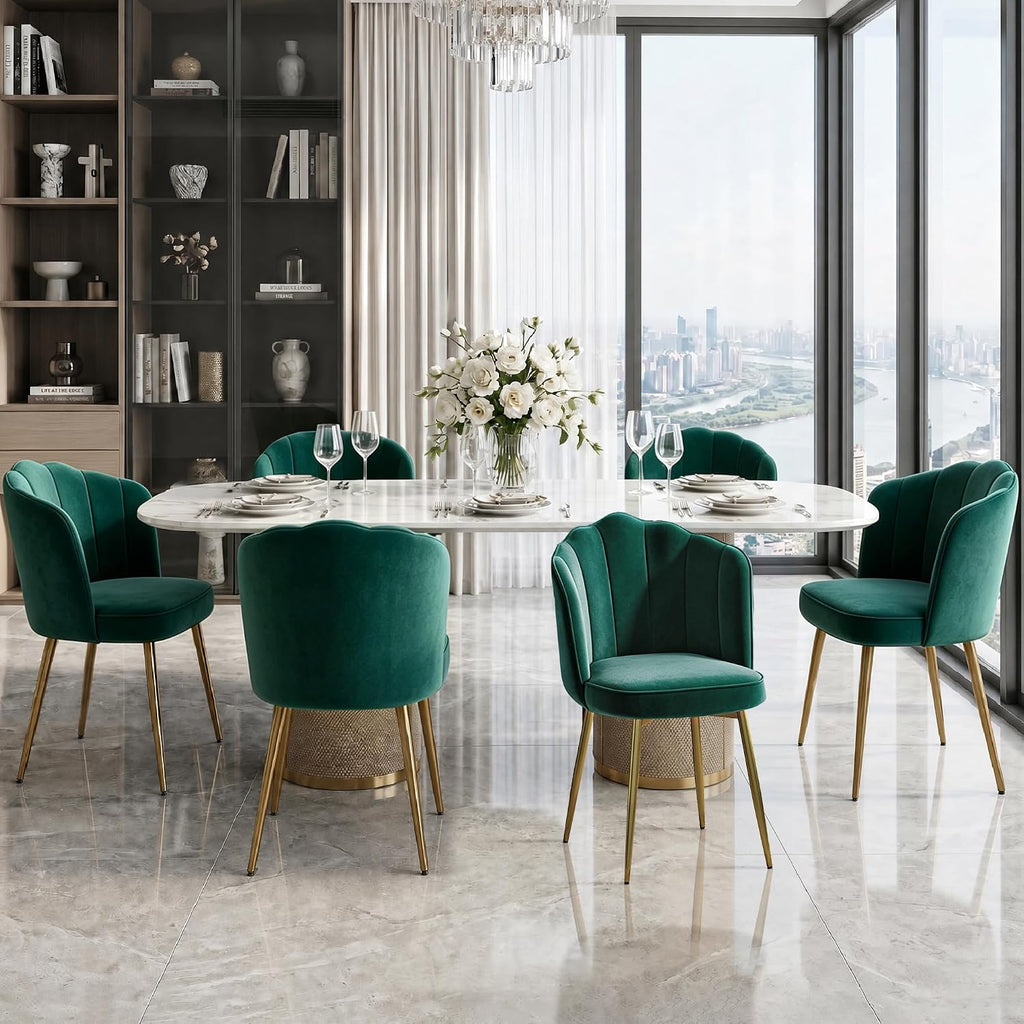 VECELO Velvet Dining Chairs Set of 4, Modern Upholstered Kitchen Chairs with Thick Cushions, Curved Padded Backrest and Metal Legs, for Kitchen, Dining Room, Living Room, Green