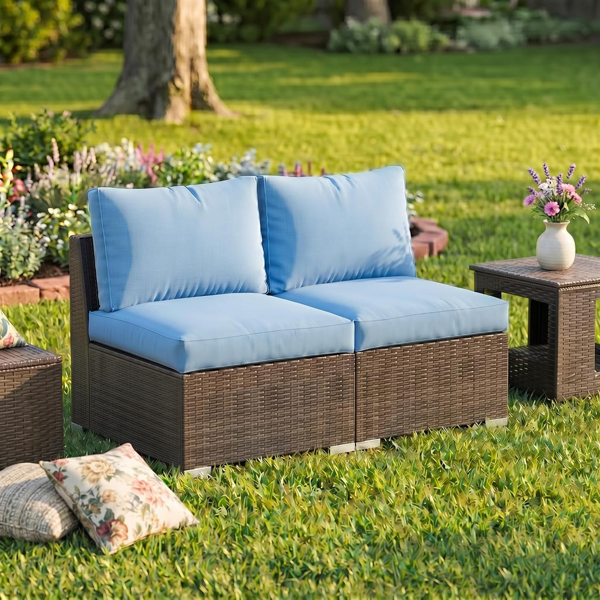 Wisteria Lane Outdoor Sofa, 2 Pieces Wicker Patio Furniture Set with Washable Cushions, Armless Patio Sectional for All-Weather, Oversized Outside Furniture for Garden, Poolside, Backyard, Light Blue