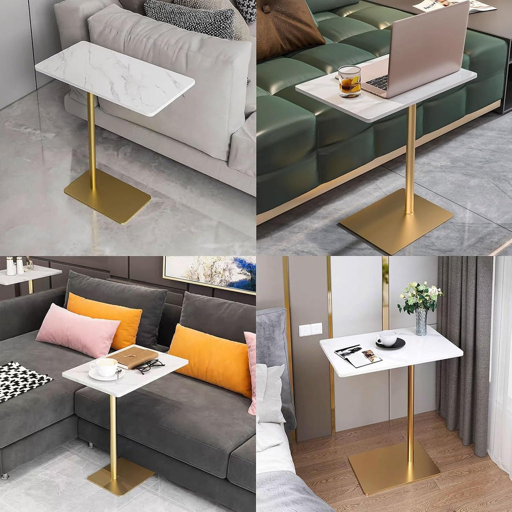 Drsyffsup Outdoor Coffee Table Side End Table with Marble Effect Top and Gold Metal Base C Shaped Modern Sofa End Table Work Desk for Couch Living Room Bedroom (Size : 48x33x65cm)