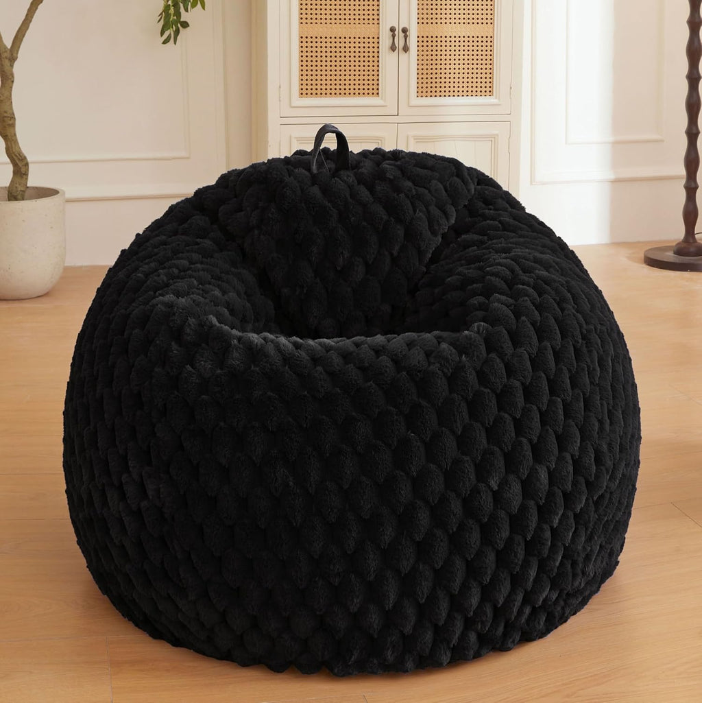 XeGe Luxury Bubble Fluffy Faux Rabbit Fur Bean Bag Cover(No Filler), Black | No-Shed, Non-Slip, Washable, Shaggy Stuffed Animal Storage Beanbag Cover for Bedroom Living Room Dorm Playroom Reading Nook