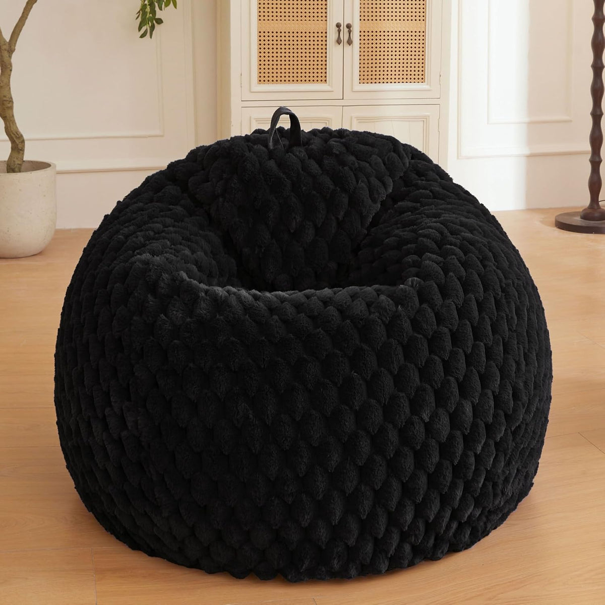 XeGe Luxury Bubble Fluffy Faux Rabbit Fur Bean Bag Cover(No Filler), Black | No-Shed, Non-Slip, Washable, Shaggy Stuffed Animal Storage Beanbag Cover for Bedroom Living Room Dorm Playroom Reading Nook