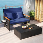 Tangkula Patio Rattan Daybed with 4-Level Adjustable Backrest, Outdoor Wicker Loveseat with Acacia Wood Armrest, Storage Ottoman & Folding Tray, Double Sunbed for Yard & Poolside (Navy & Black)