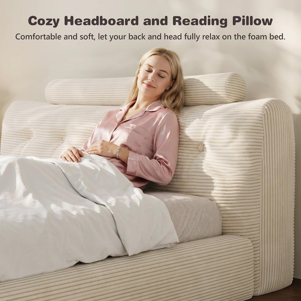 Homkdom Queen Cloud Bed Frame with 360 Cushioned Foam, White