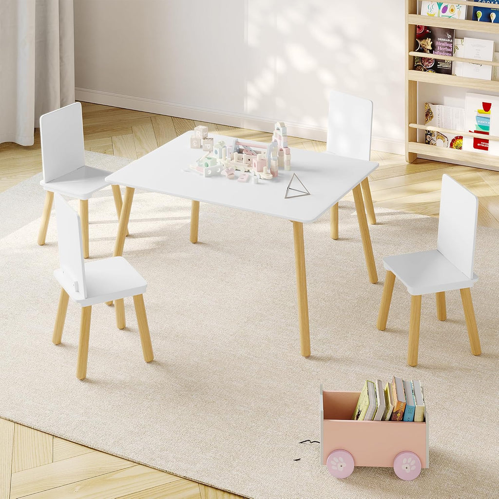 Table & 4 Chairs Set is for Boys Girls, 5-Piece Wooden Activity Table Set with Solid Wood Legs, Boys Girls Play Table & Chair Set for Drawing, Reading, Learning & Dining, White+Natural