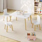 Table & 4 Chairs Set is for Boys Girls, 5-Piece Wooden Activity Table Set with Solid Wood Legs, Boys Girls Play Table & Chair Set for Drawing, Reading, Learning & Dining, White+Natural