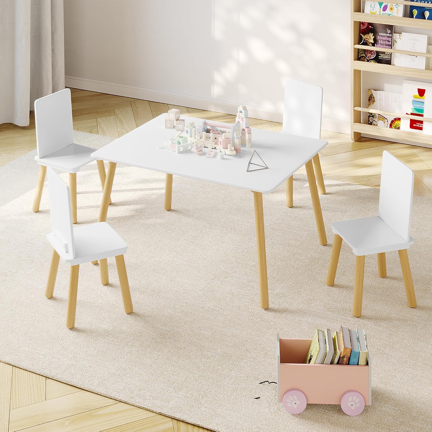 Table & 4 Chairs Set is for Boys Girls, 5-Piece Wooden Activity Table Set with Solid Wood Legs, Boys Girls Play Table & Chair Set for Drawing, Reading, Learning & Dining, White+Natural