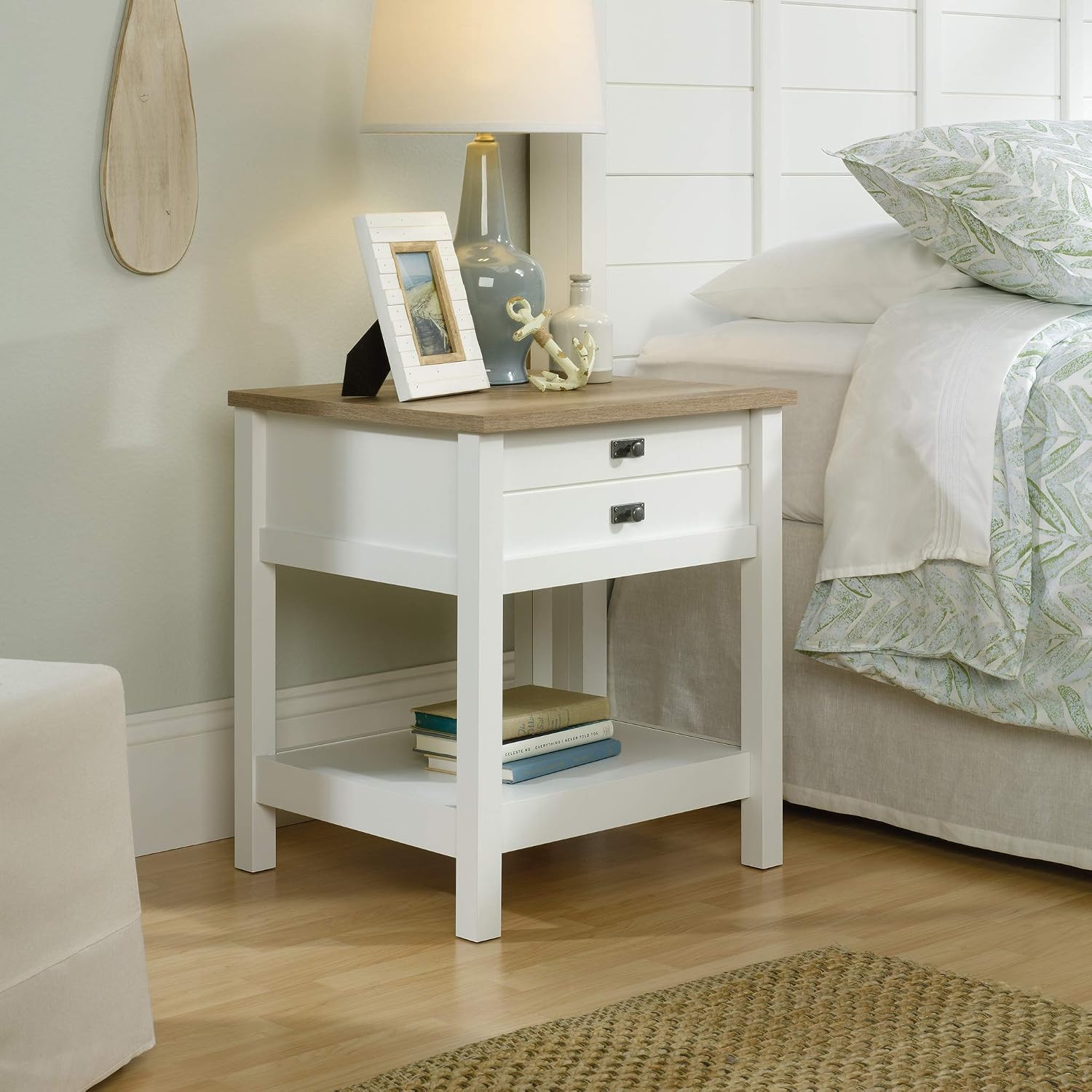 Sauder Cottage Road Nightstand, Farmhouse Style, Soft White with Oak Top