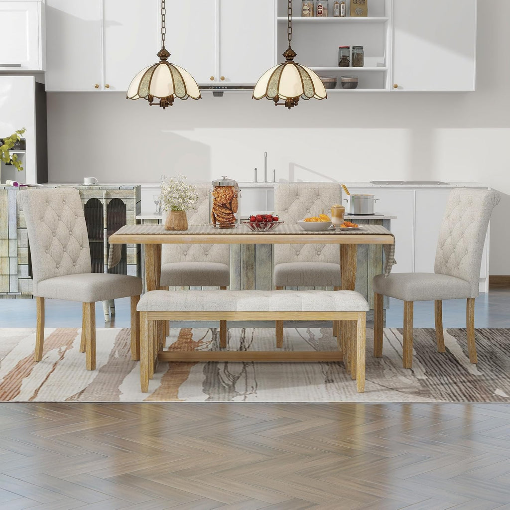 Merax 6-Piece Solid Wood Dining Table Set for 6, Solid Wood Rectangular Kitchen Table Set with 4 Upholstered Chairs and 1 Bench, Dining Room, Kitchen, Natural Wood Wash