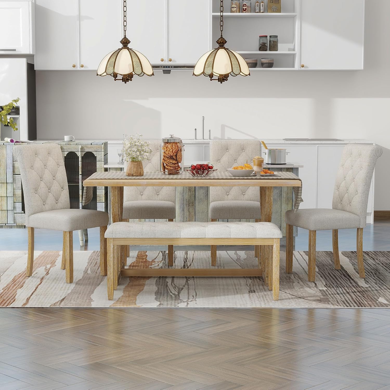 Merax 6-Piece Solid Wood Dining Table Set for 6, Solid Wood Rectangular Kitchen Table Set with 4 Upholstered Chairs and 1 Bench, Dining Room, Kitchen, Natural Wood Wash