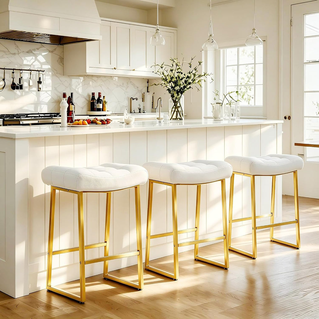 RNKSFX White & Gold Counter Height Bar Stools Set of 3 for Kitchen Counter Backless Kitchen Island Barstools with Upholstered Faux Leather Seat and Gold Base Modern 24 inch Bar Chairs No Back