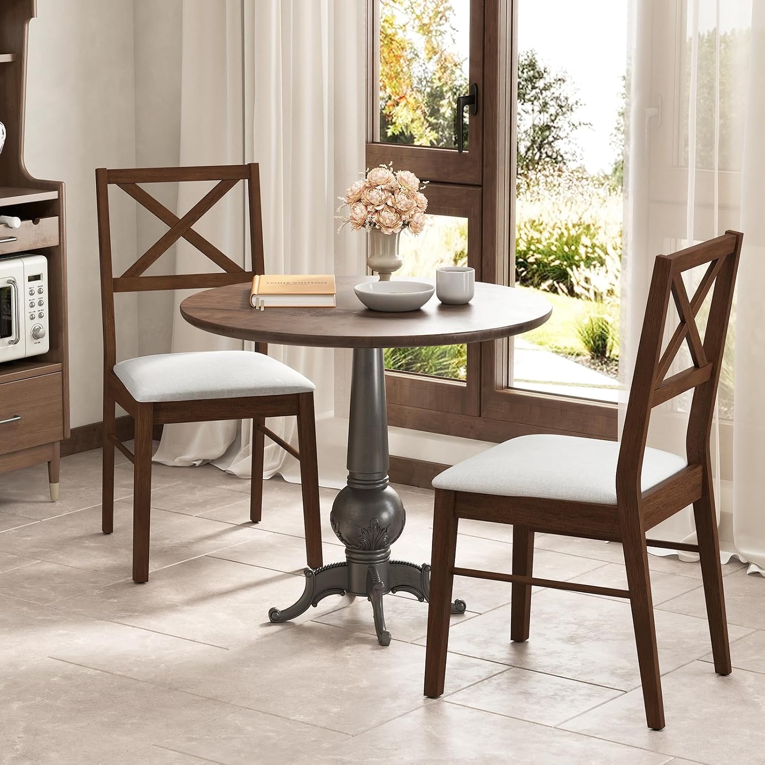 GOFLAME Dining Chairs Set of 4, Upholstered Kitchen Side Chairs with Rubber Wood Frame, Padded Seat, Cross Back, Farmhouse Armless Dinette Chairs for Dining Room, Living Room, Brown & White