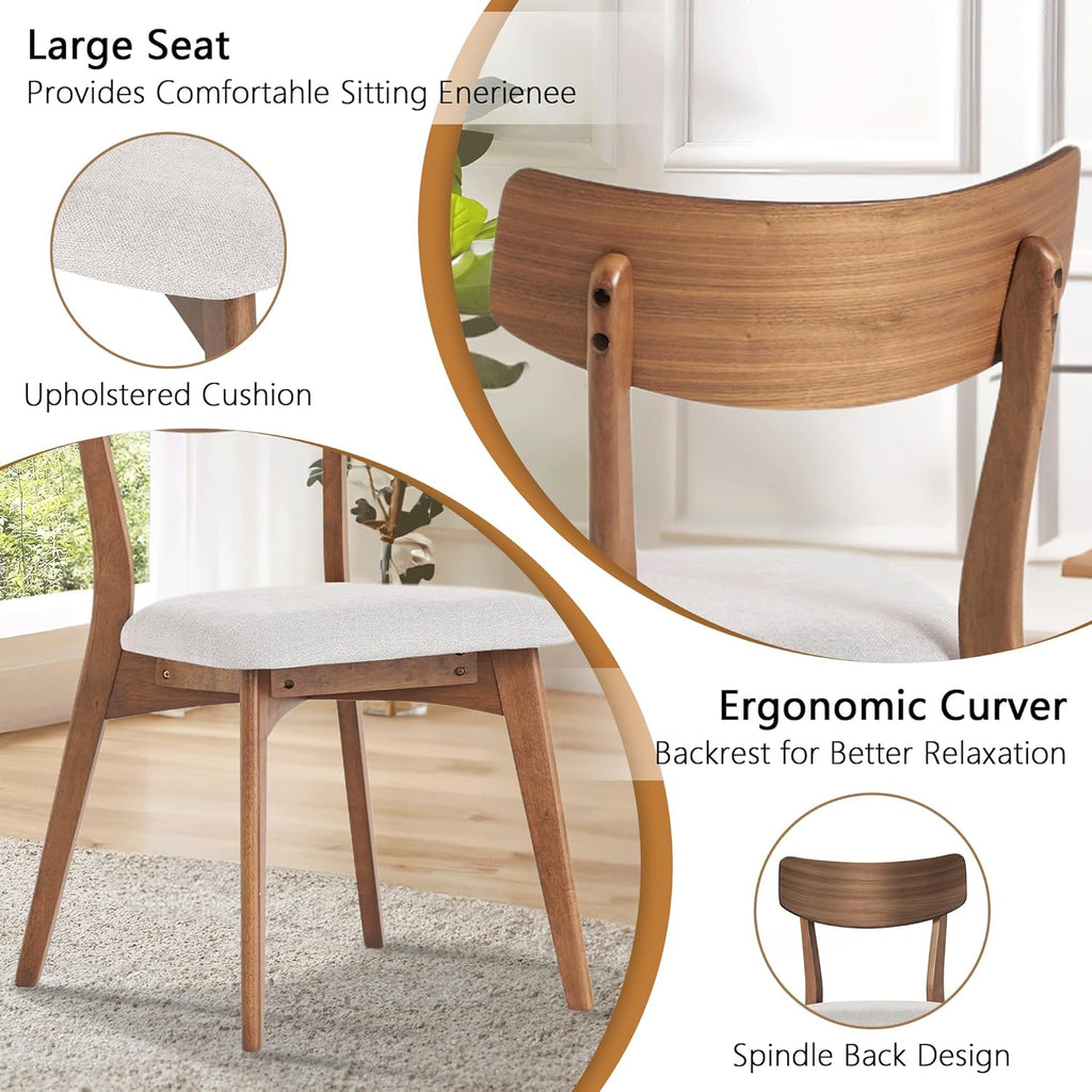 Modern Dining Chairs with Upholstered Cushion, Solid Rubber Wood Dining Chair with Comfortable Backrest, Sturdy Wooden Chairs for Kitchen, Dining Room (Walnut-Beige, 6 Sets)