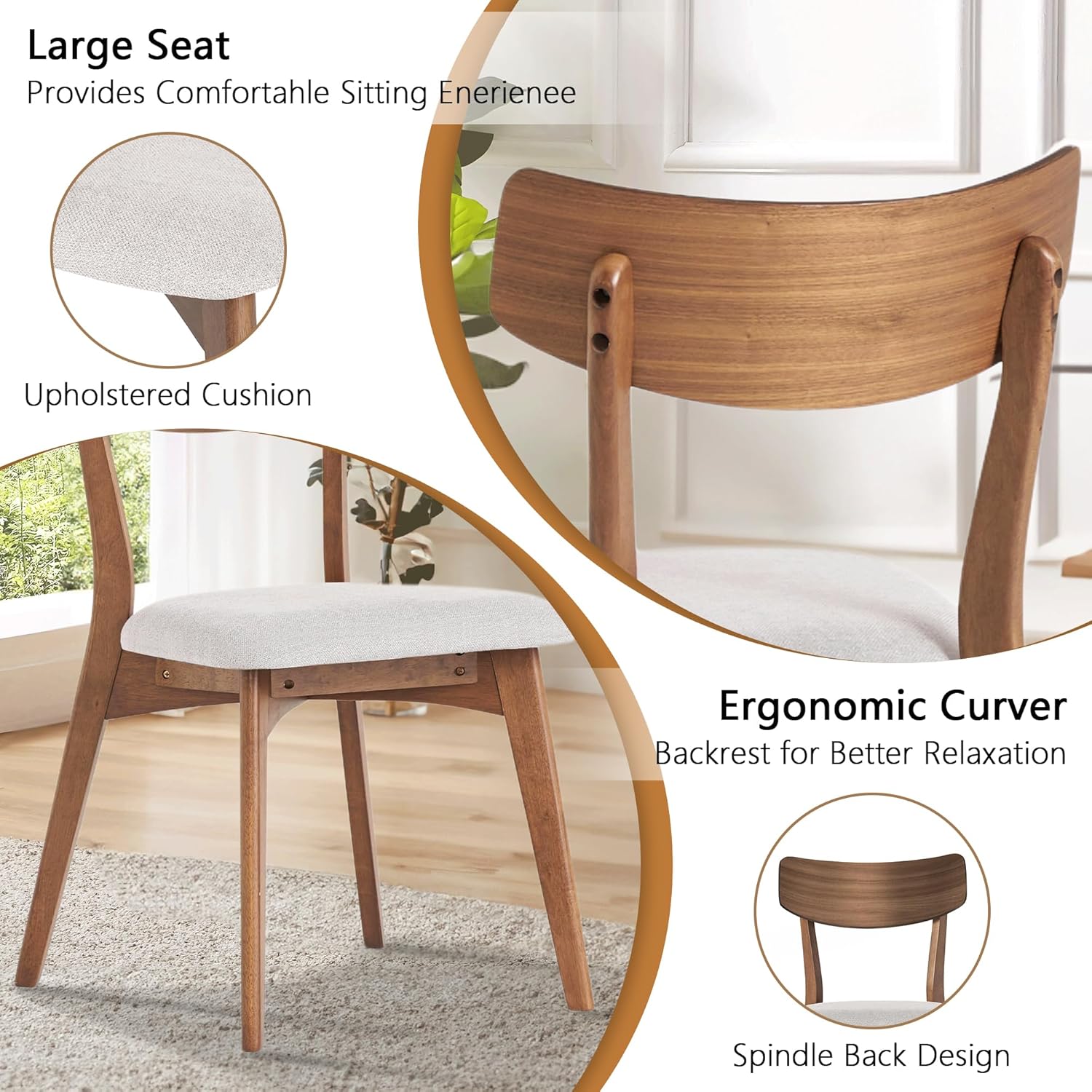 Modern Dining Chairs with Upholstered Cushion, Solid Rubber Wood Dining Chair with Comfortable Backrest, Sturdy Wooden Chairs for Kitchen, Dining Room (Walnut-Beige, 6 Sets)
