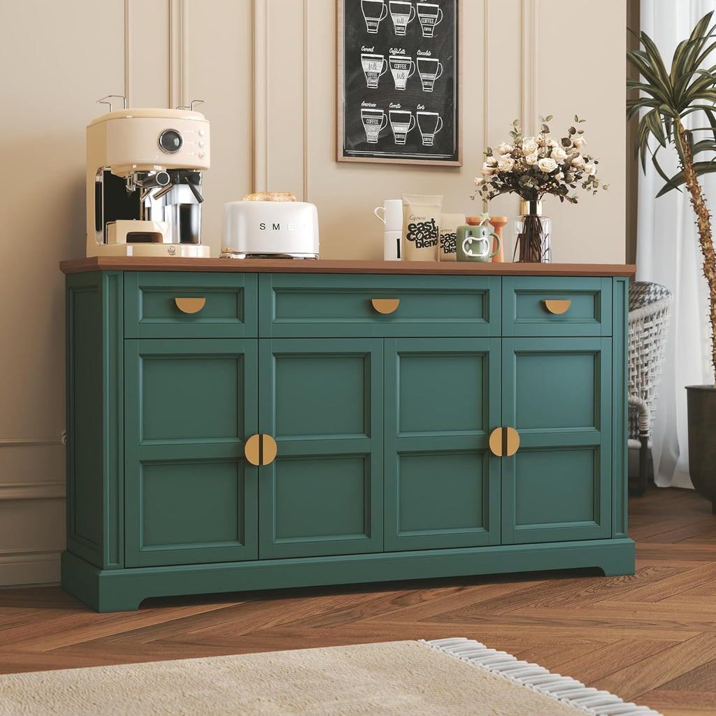 HLR 60” Large Buffet Sideboard Cabinet with 4 Doors and 3 Drawers Shaker Style, Coffee Bar Storage Cabinet for Dinning Room, Kitchen, Living Room, Green