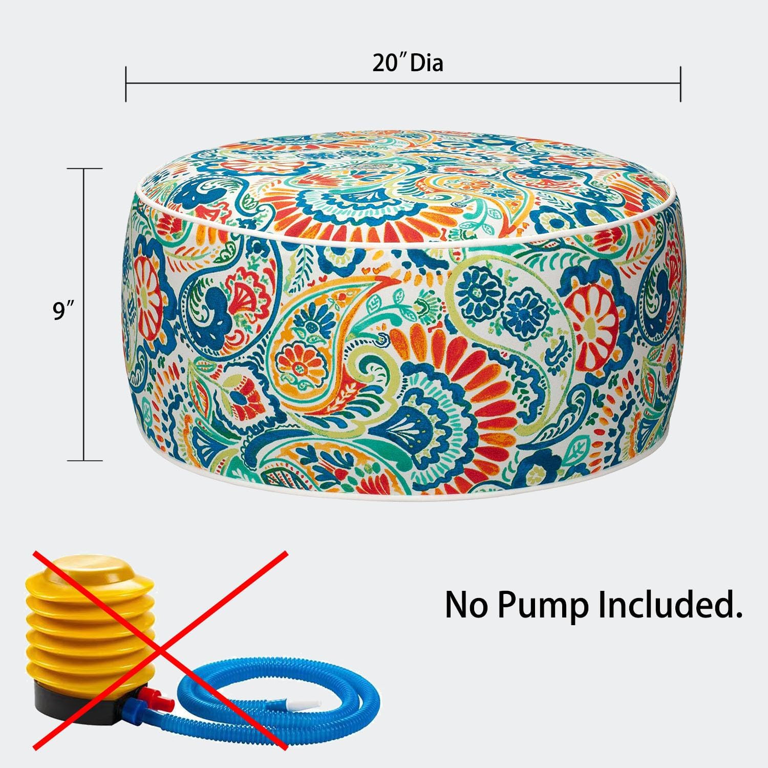 Magpie Fabrics Inflatable Stool Ottoman Pouf D20 xH9, Outdoor Round Footrest Footstool, Portable for Patio Garden Travel Camping - Paisley Multi