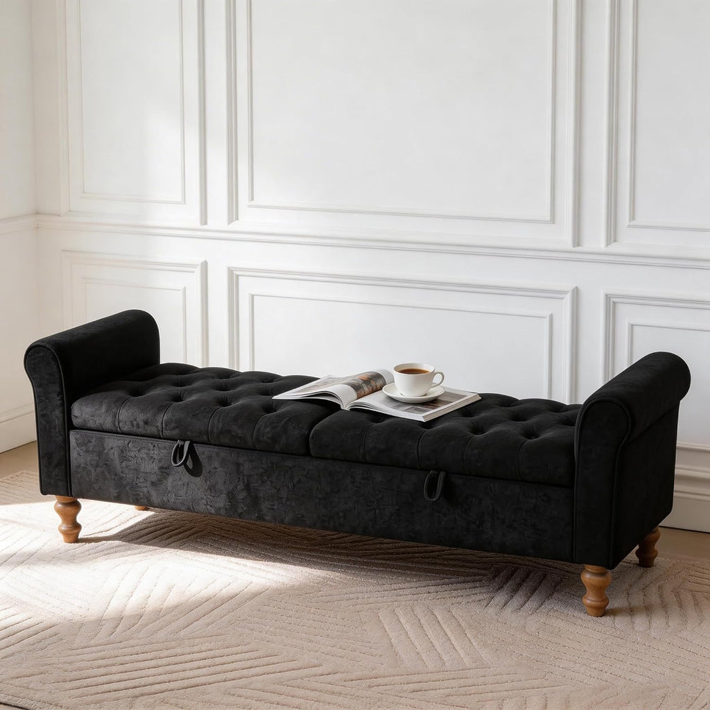 Aoiy & Wifon 65.75" W Large Storage Ottoman Bench, Modern King Size End of Bed Storage Bench with Wood Legs, Upholstered Window Bench for Bedroom, Living Room, Entryway, Black